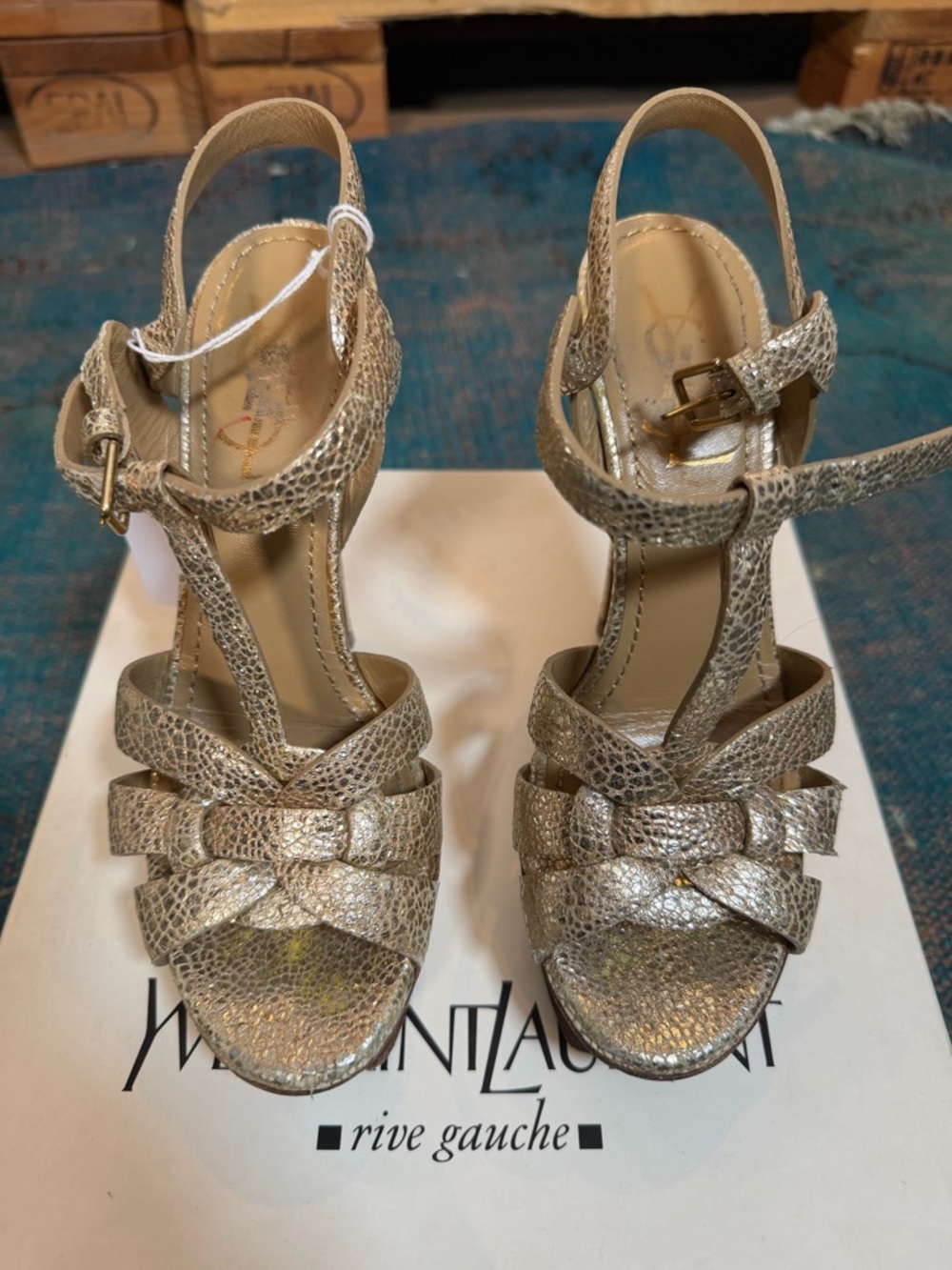 Yves Saint Laurent Metallic Silver Textured Strappy Heels